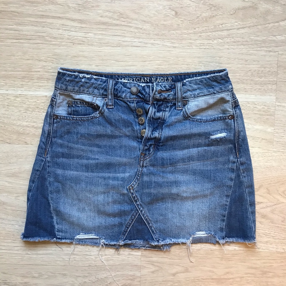 American Eagle High Rise Distressed Jean Skirt